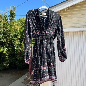 Natalie Martin black silk floral print wrap style surplice puff sleeve mini